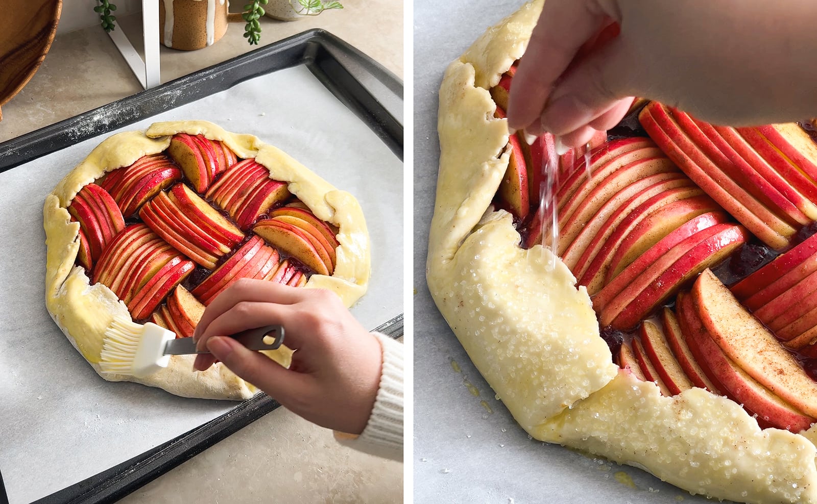 Left to right: brushing egg wash on galette dough with a pastry brush, hand sprinkling sugar crystals onto galette crust.