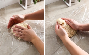 Left to right: hands pressing dough together, hands folding dough onto itself.
