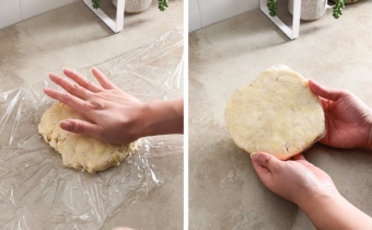 Left to right: hand pressing dough down to flatten, hands holding a disc of pie dough wrapped in plastic wrap.