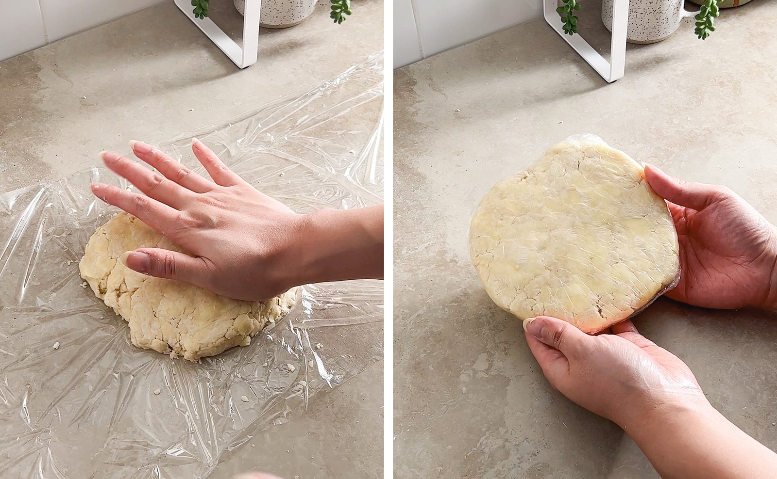 Left to right: hand pressing dough down to flatten, hands holding a disc of pie dough wrapped in plastic wrap.