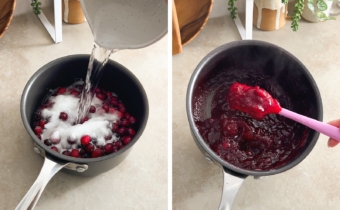 Left to right: pouring water into a pot of cranberries and sugar, spatula held above a pot to show the jammy consistency of cranberry sauce.