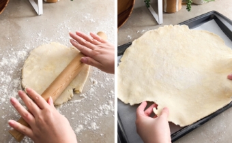 Left to right: rolling out a disc of pie dough with a rolling pin, placing rolled out dough onto baking sheet.