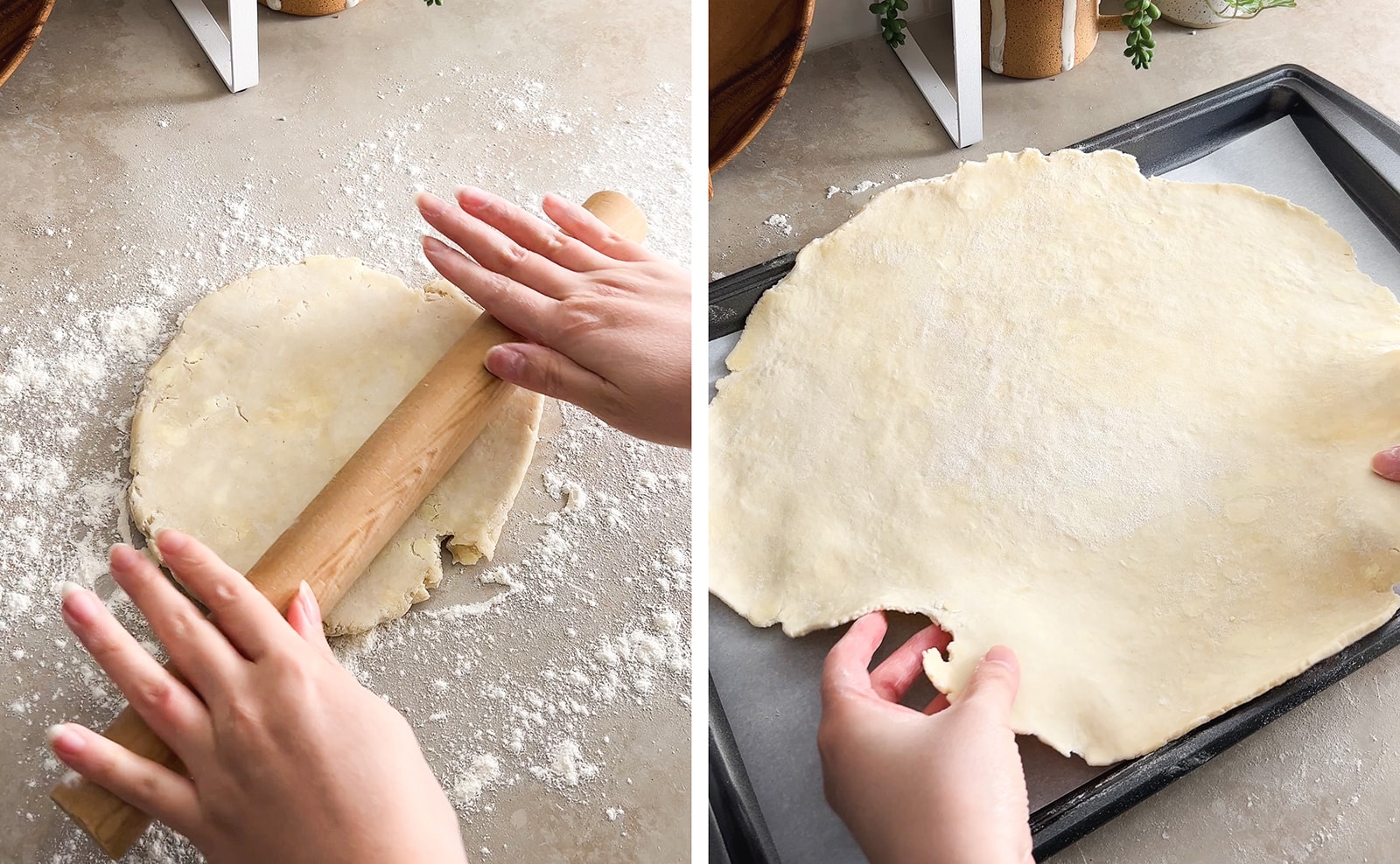 Left to right: rolling out a disc of pie dough with a rolling pin, placing rolled out dough onto baking sheet.