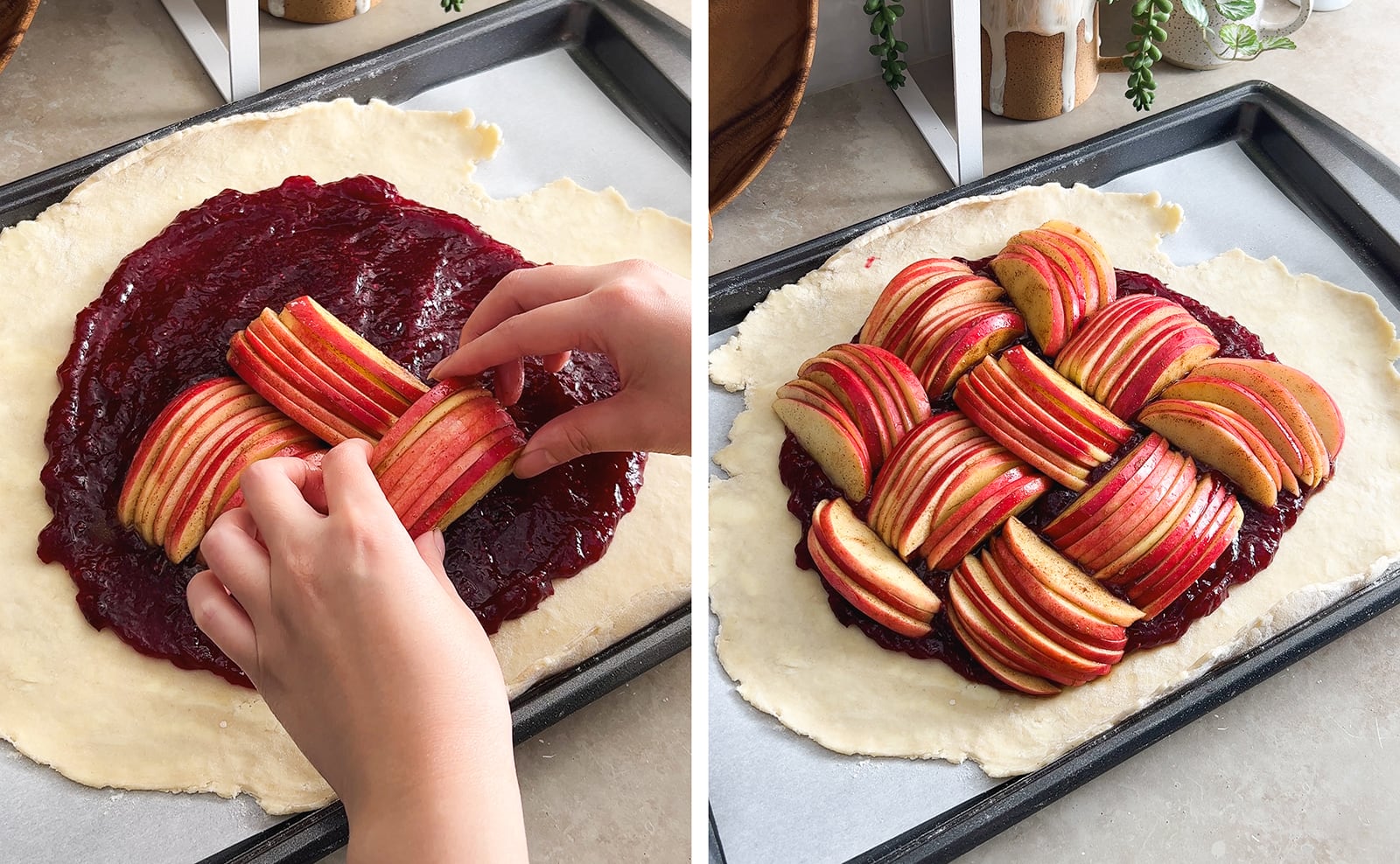 Left to right: hands placing a cluster of apple slices on top of pie dough, apple slices arranged on top of pie dough.