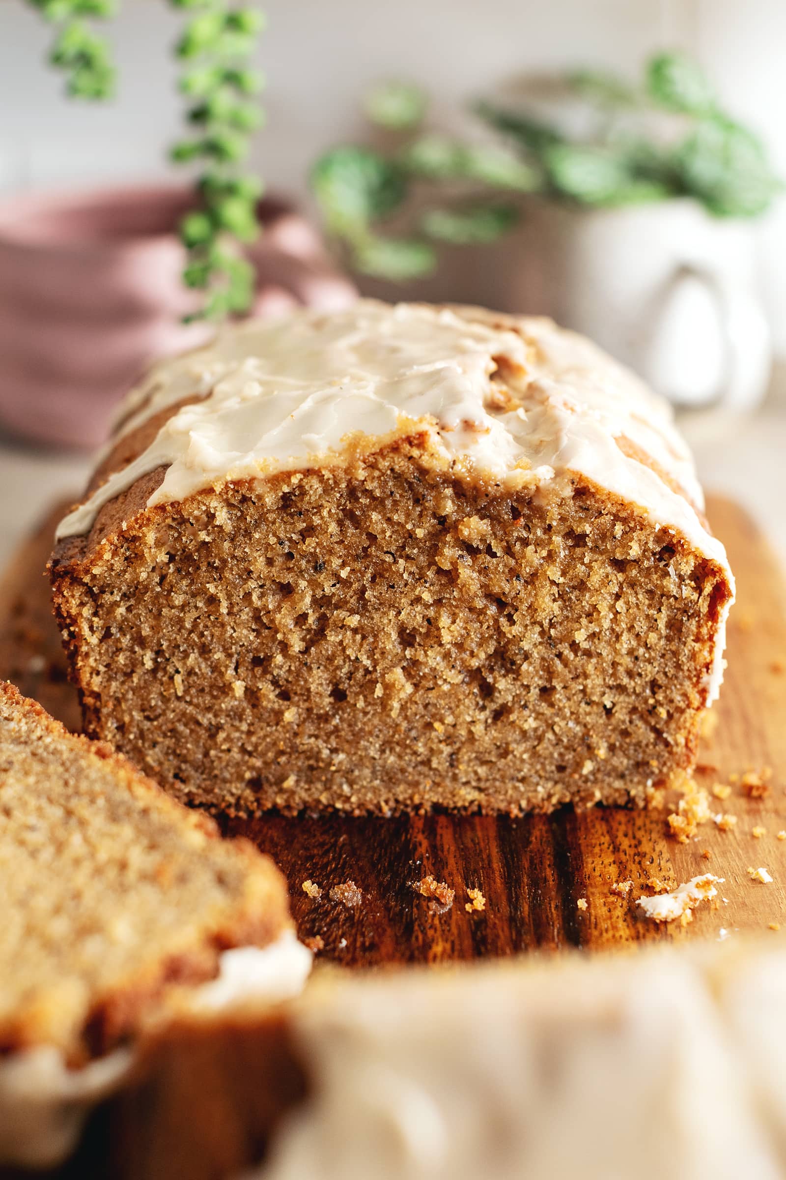 Close up of a cross section of a pound cake to show the crumb texture.