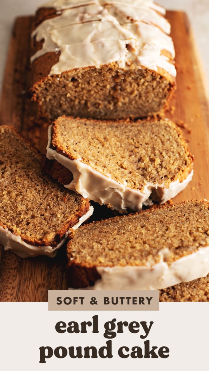 Slices of earl grey pound cake laying on a wooden board.