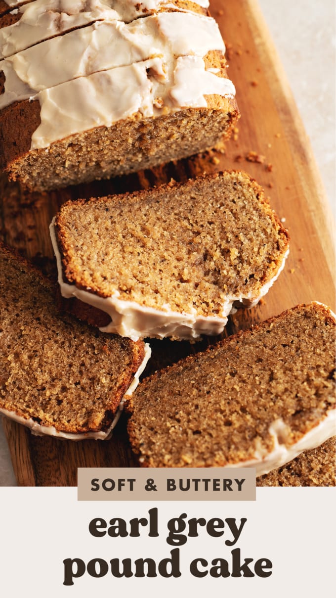 Slices of earl grey pound cake laying on a wooden board.