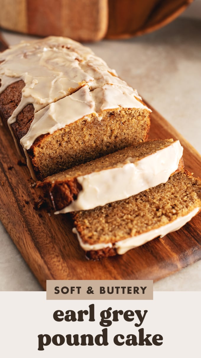 Slices of earl grey pound cake leaning away from the loaf.