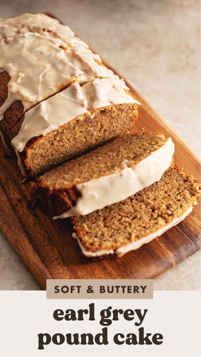 Slices of earl grey pound cake leaning away from the loaf.