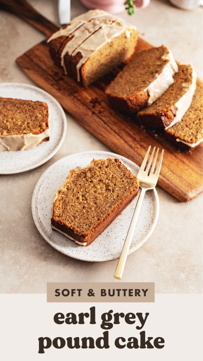 Slices of pound cake on plates in front of a wooden board with the rest of the slices.