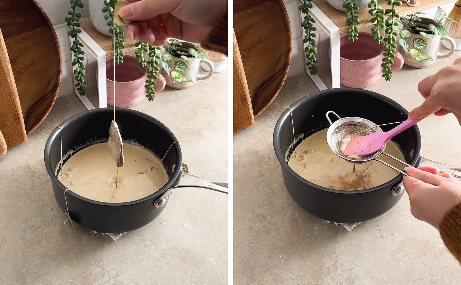 Left to right: hand lifting a tea bag from a pot of steeped cream, pressing earl grey-infused cream out of a tea bag.