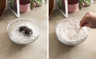 Left to right: dry ingredients in a bowl, stirring dry ingredients together in a bowl.