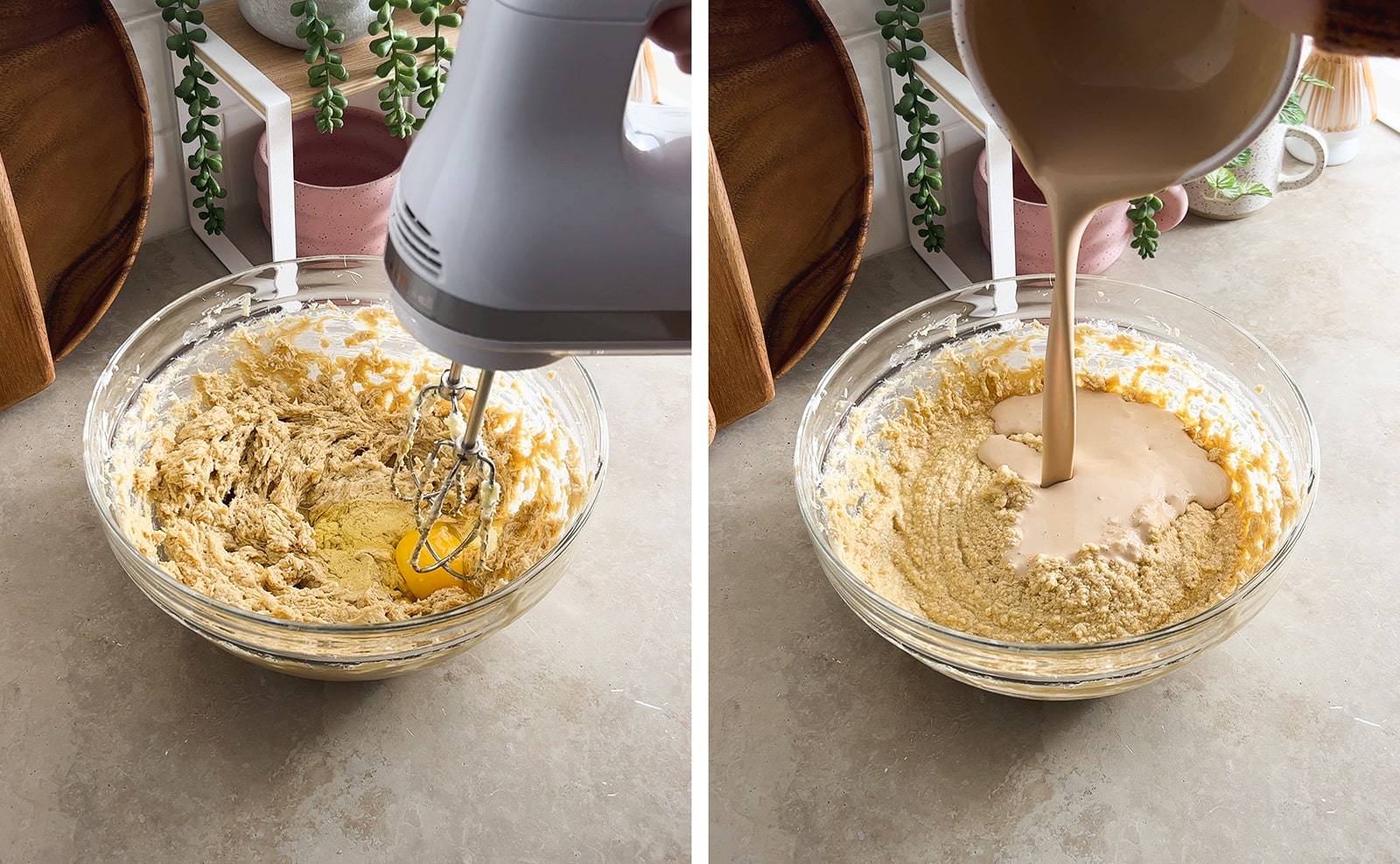Left to right: mixing an egg into batter with a hand mixer, pouring tea-infused cream into bowl of cake batter.
