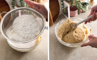 Left to right: sifting flour mixture into batter, folding cake batter with a spatula.