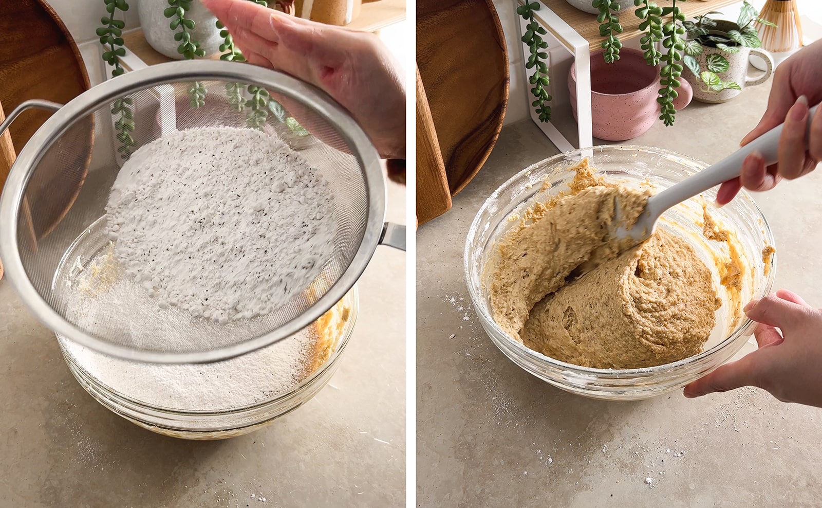 Left to right: sifting flour mixture into batter, folding cake batter with a spatula.