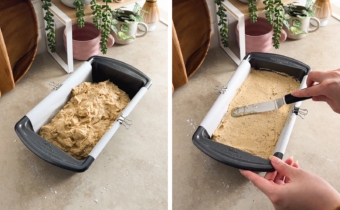 Left to right: cake batter in a loaf pan, smoothing batter into loaf pan with an offset spatula.