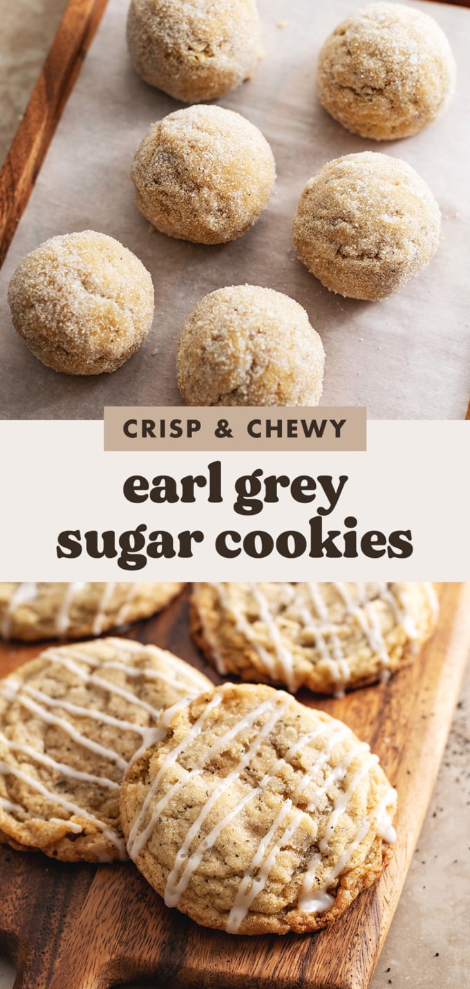Two images of earl grey sugar cookies with a text overlay that reads "crisp and chewy earl grey sugar cookies".