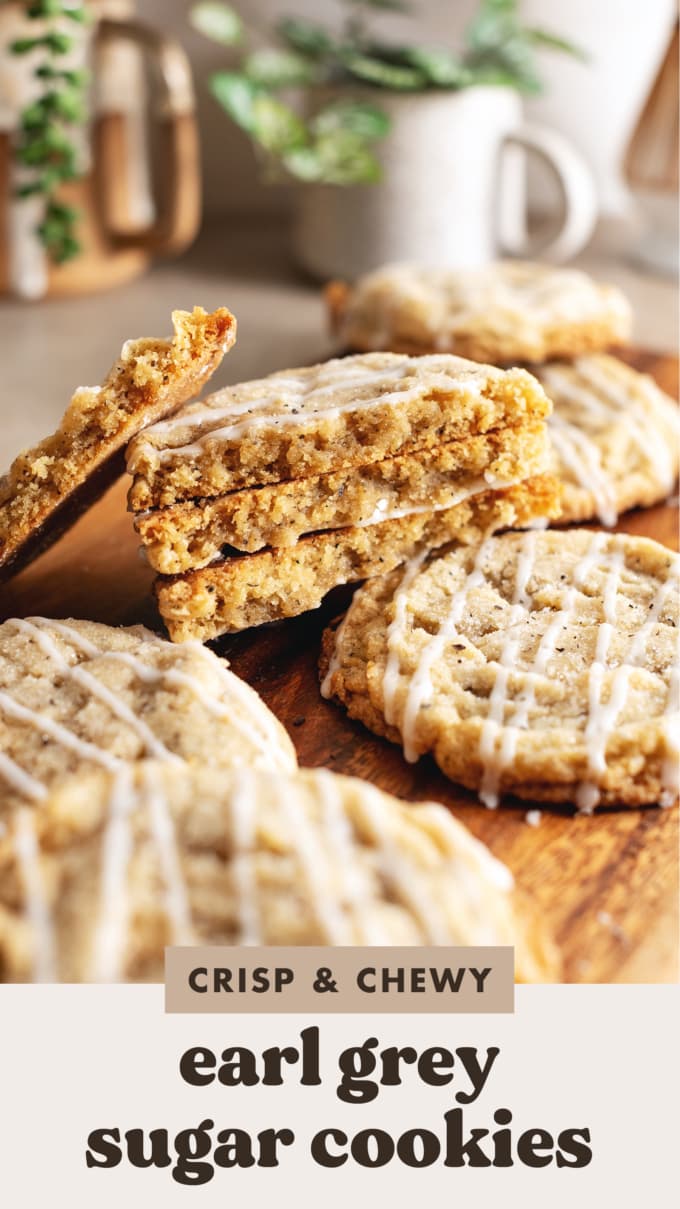 A stack of earl grey sugar cookies cut in half to show texture inside.