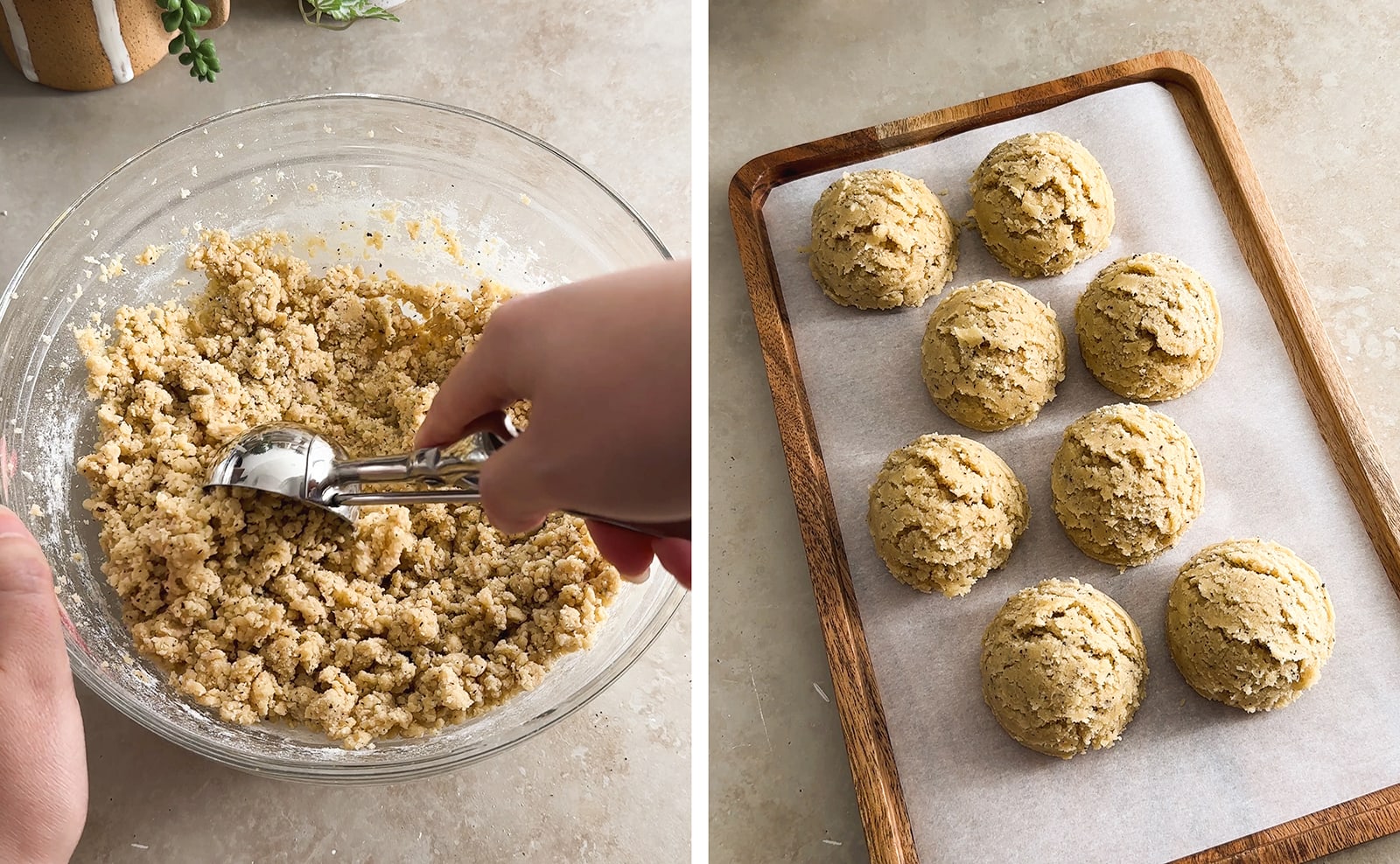 Left to right: scooping cookie dough with an ice cream scooper, balls of cookie dough on a wooden tray.