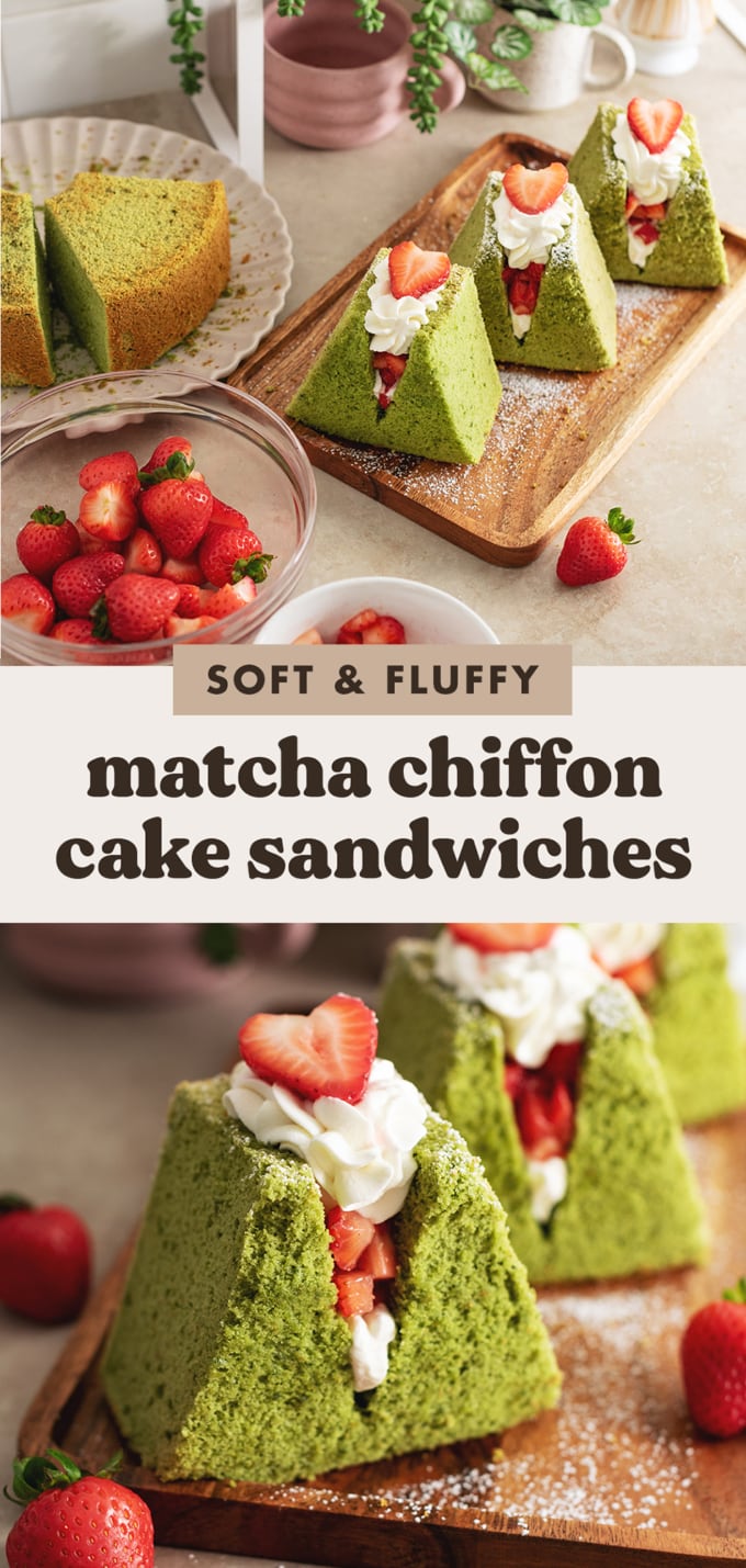 Two images of matcha chiffon cake sandwiches with a text overlay that reads "soft and fluffy matcha chiffon cake sandwiches".