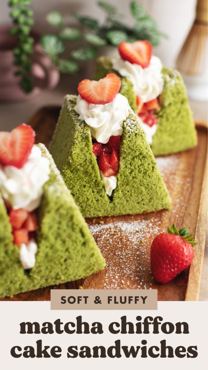 Close-up of a matcha chiffon cake sandwich filled with whipped cream and strawberries.
