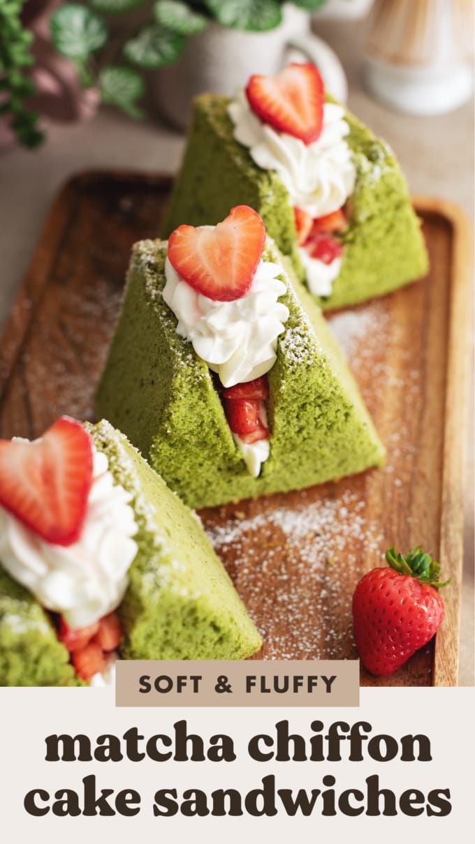 Close-up of a matcha chiffon cake sandwich filled with whipped cream and strawberries.