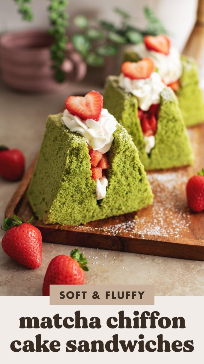 Close-up of a matcha chiffon cake sandwich to show the spongey cake texture.