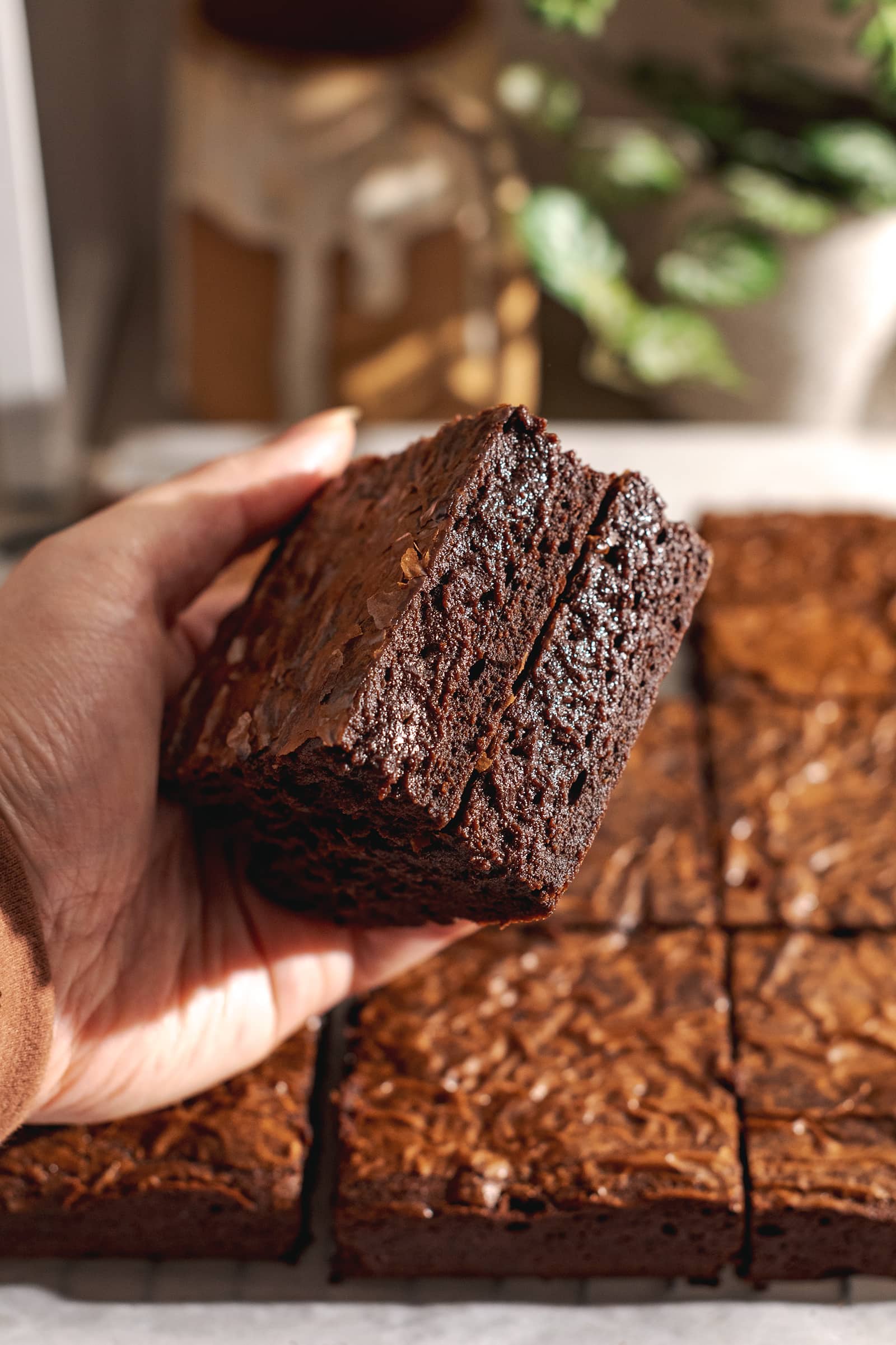 Hand holding a stack of two brownies to show fudgy texture on the side.