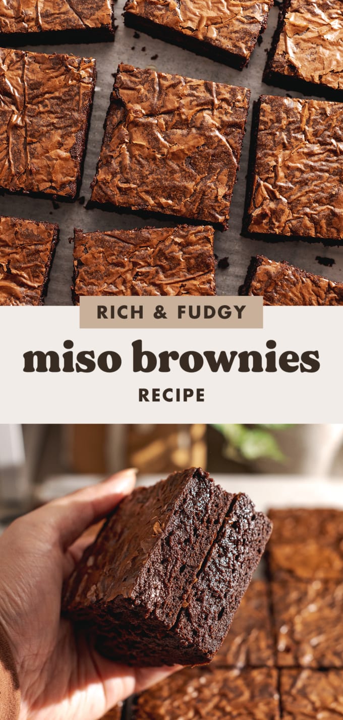 Top to bottom: squares of miso brownies scattered on parchment paper, hand holding a stack of two brownies.