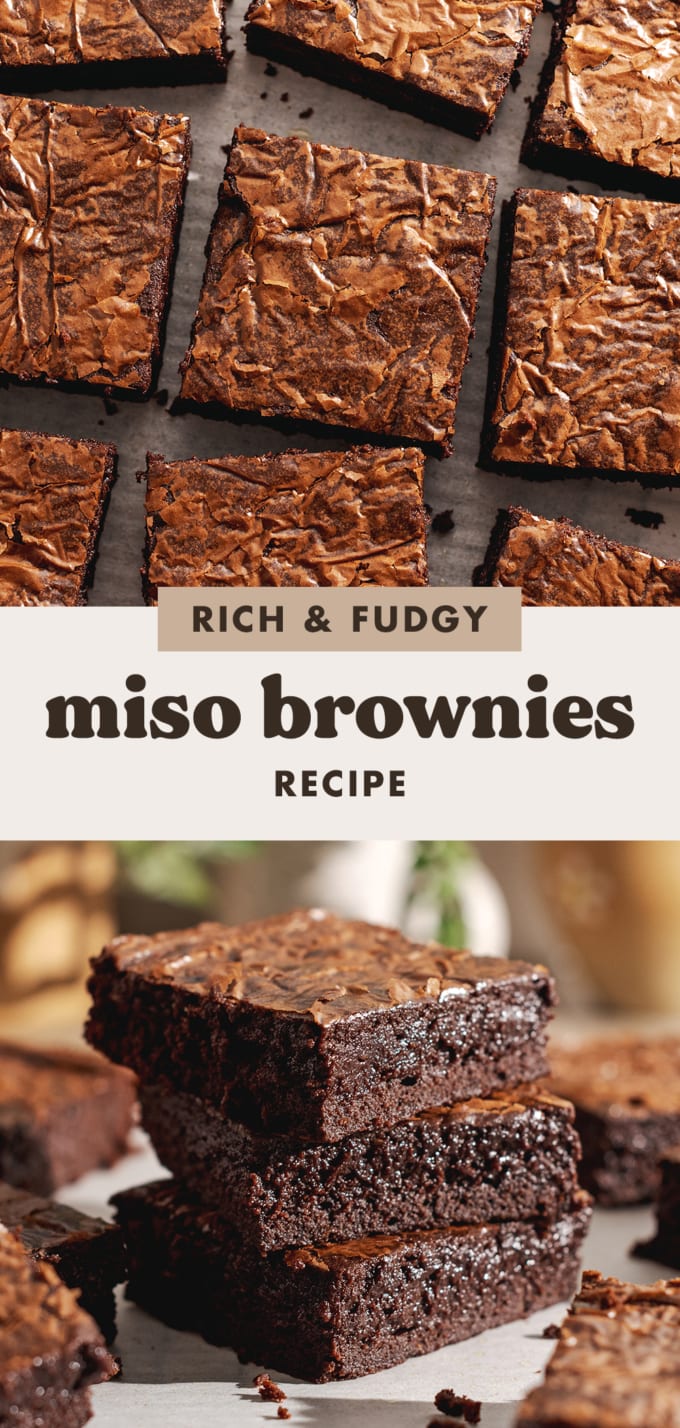 Top to bottom: squares of miso brownies scattered on parchment paper, a stack of three brownies.