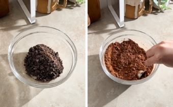 Left to right: a bowl of chopped chocolate, stirring cocoa powder and chocolate together in a bowl.