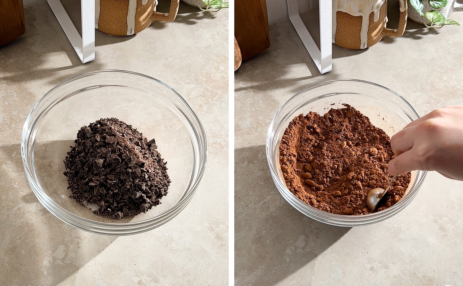 Left to right: a bowl of chopped chocolate, stirring cocoa powder and chocolate together in a bowl.