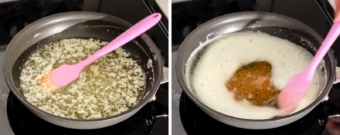 Left to right: milk solids floating on the surface of a pan of melted butter, stirring browned butter in a pan.