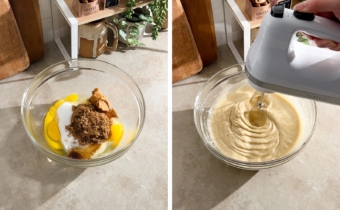 Left to right: eggs and sugars in a bowl, beating egg mixture with a hand mixer.