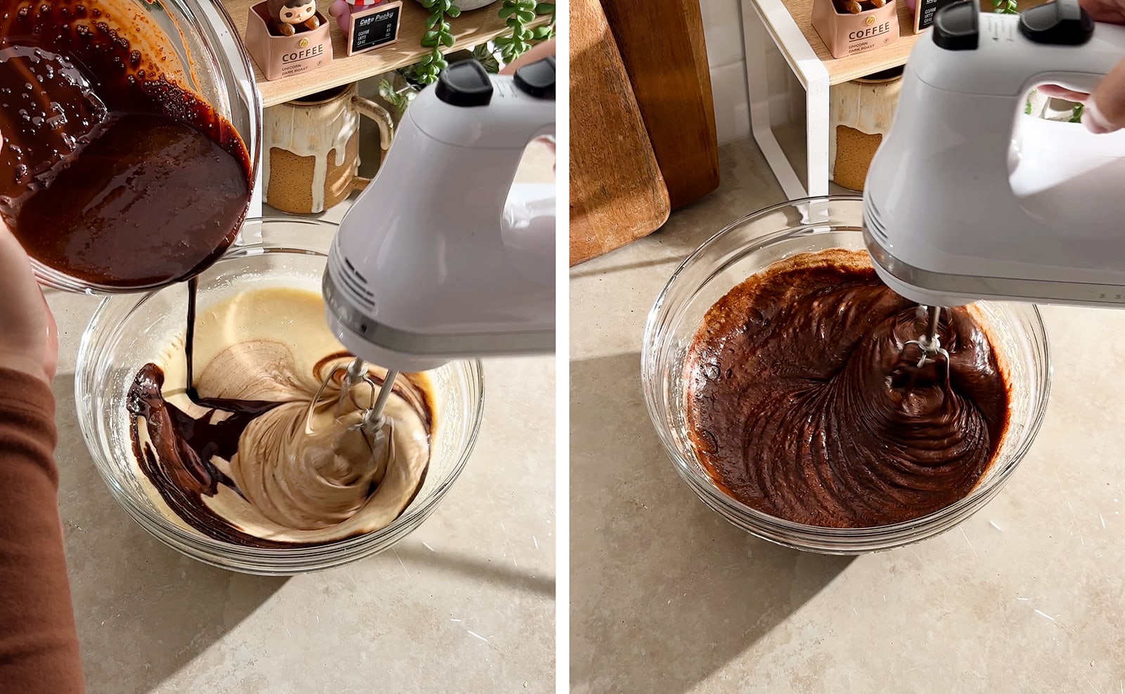 Left to right: pouring melted chocolate mixture into egg mixture while mixing, mixing brownie batter with a hand mixer.