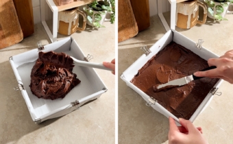 Left to right: dropping brownie batter into a pan from a spatula, smoothing brownie batter into pan with an offset spatula.