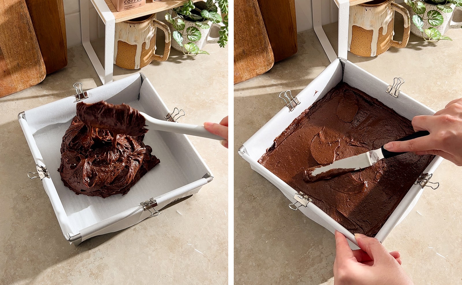 Left to right: dropping brownie batter into a pan from a spatula, smoothing brownie batter into pan with an offset spatula.