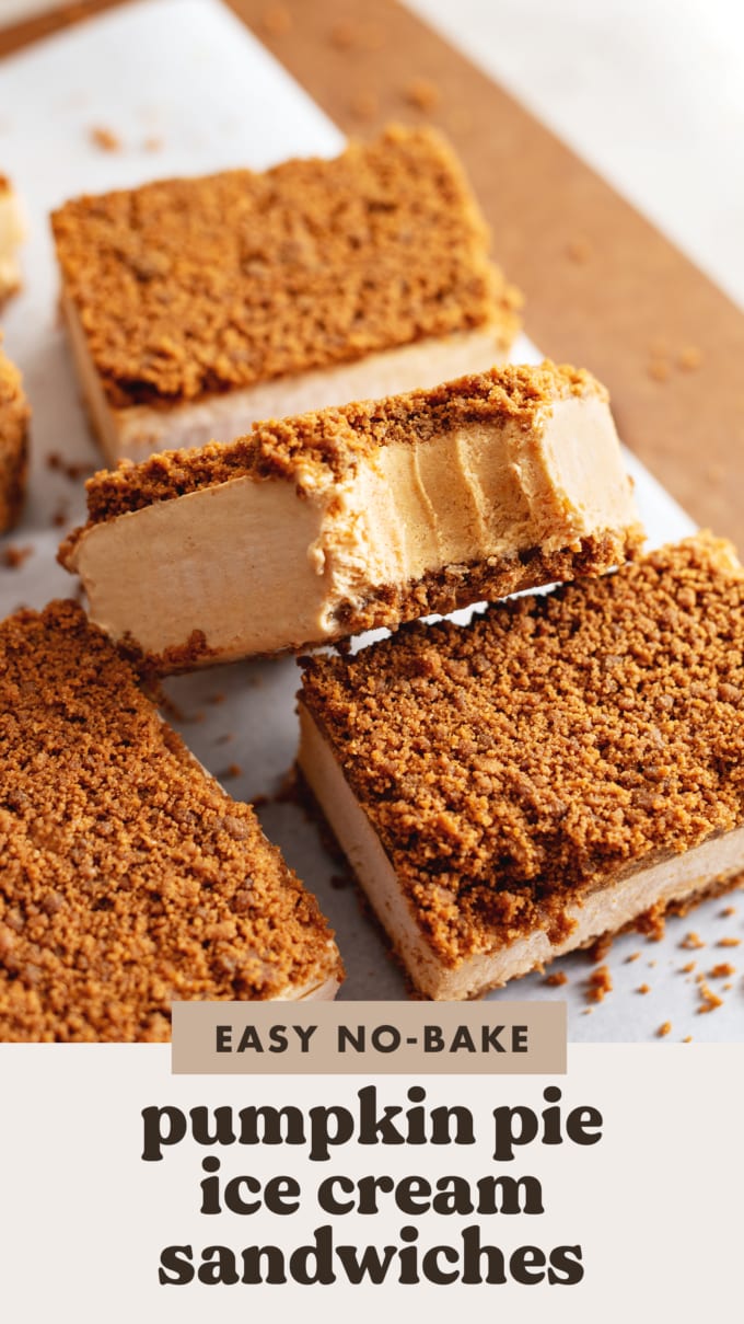 A bite taken out of a pumpkin pie ice cream sandwich.