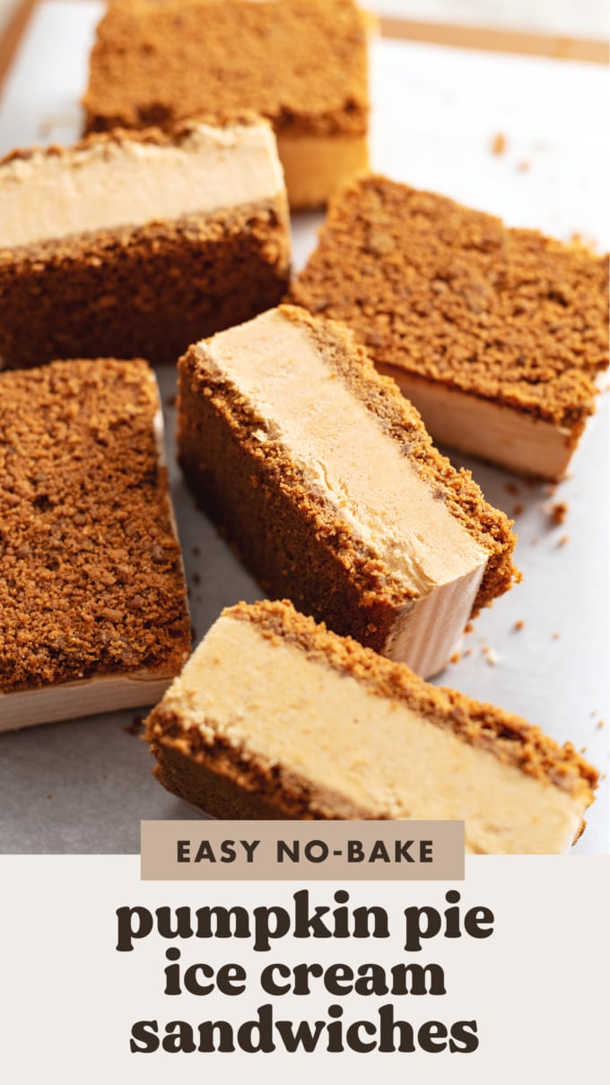 Ice cream sandwiches turned on their sides to show their crust and ice cream layers.