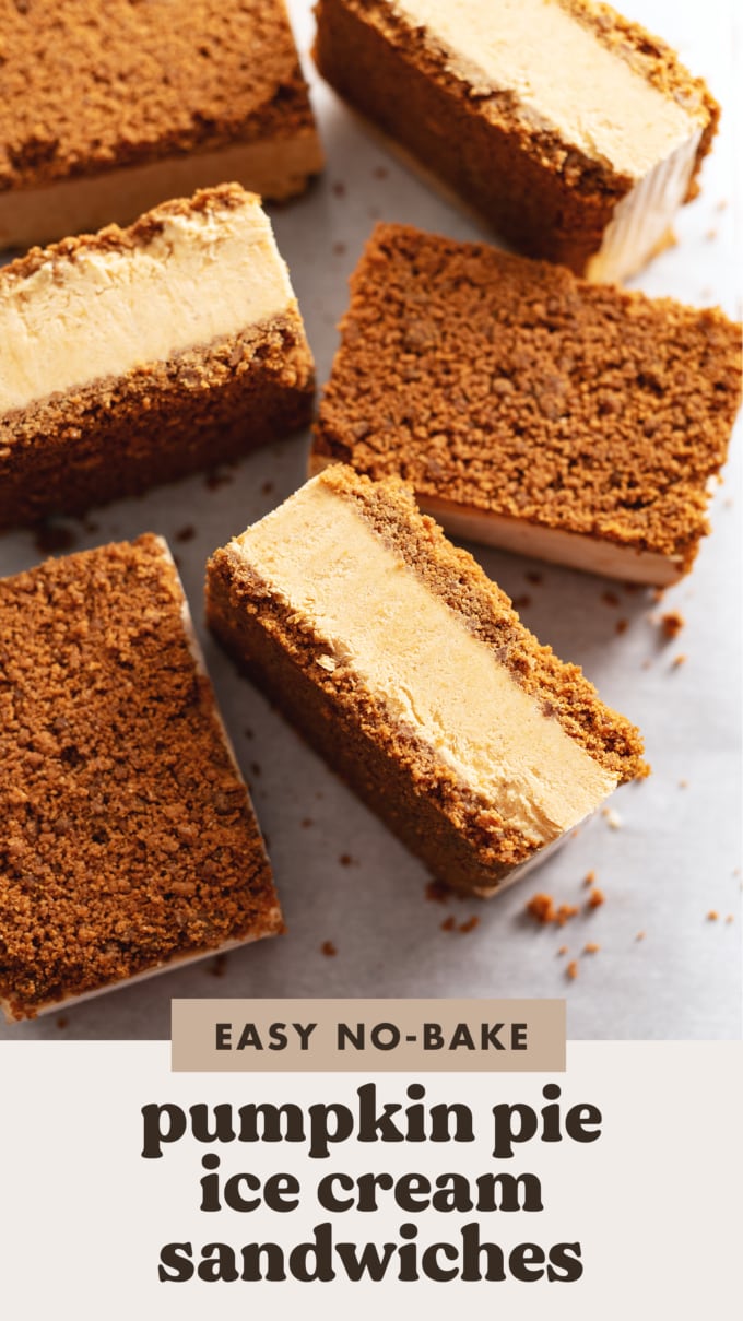 Pumpkin ice cream sandwiches turned on its side to show the layers.