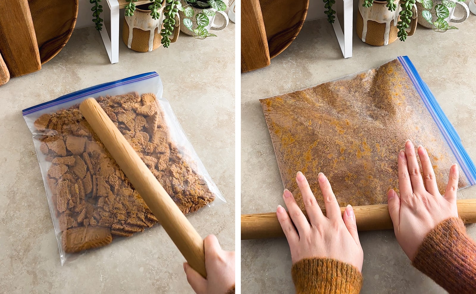 Left to right: whacking a ziploc bag full of biscoff cookies with a rolling pin, crushing cookies with a rolling pin.