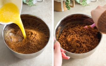 Left to right: pouring melted butter into a bowl of crushed biscoff cookies, mixing crumb mixture with a spatula.