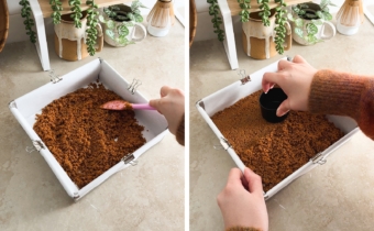 Left to right: spreading crumb mixture in a lined pan with a spatula, pressing crumb mixture into pan with a cup.