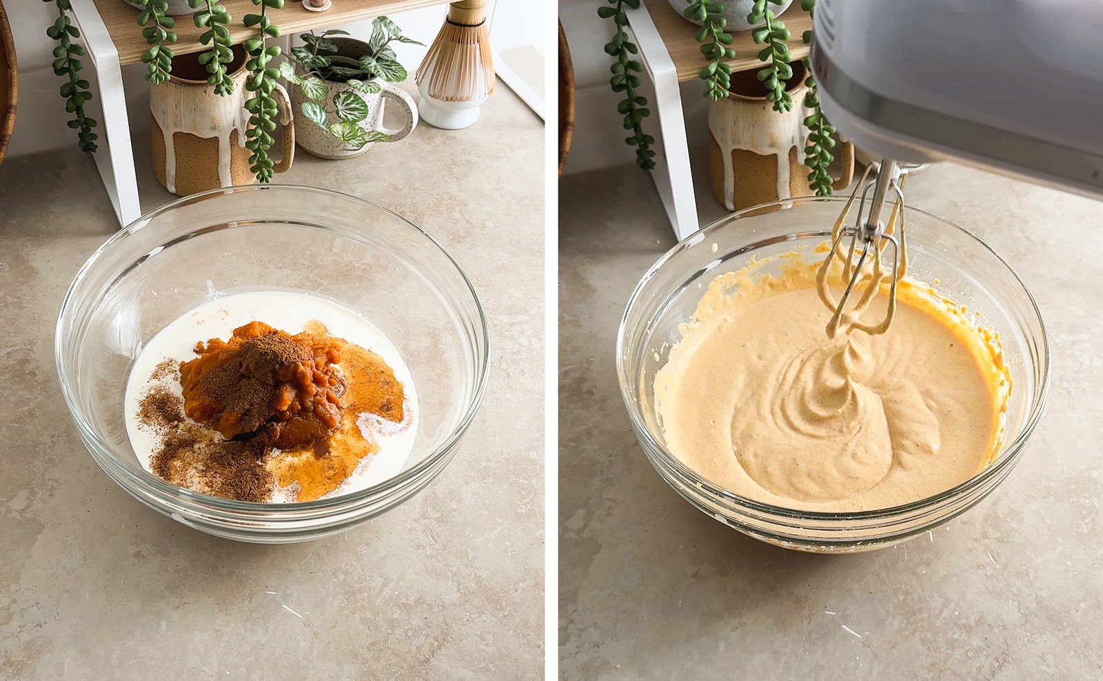 Left to right: pumpkin and heavy cream ingredients in a mixing bowl, mixing pumpkin ice cream filling with a hand mixer.