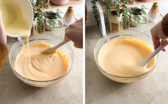 Left to right: pouring condensed milk into pumpkin mixture, mixing pumpkin ice cream mixture with a spatula.