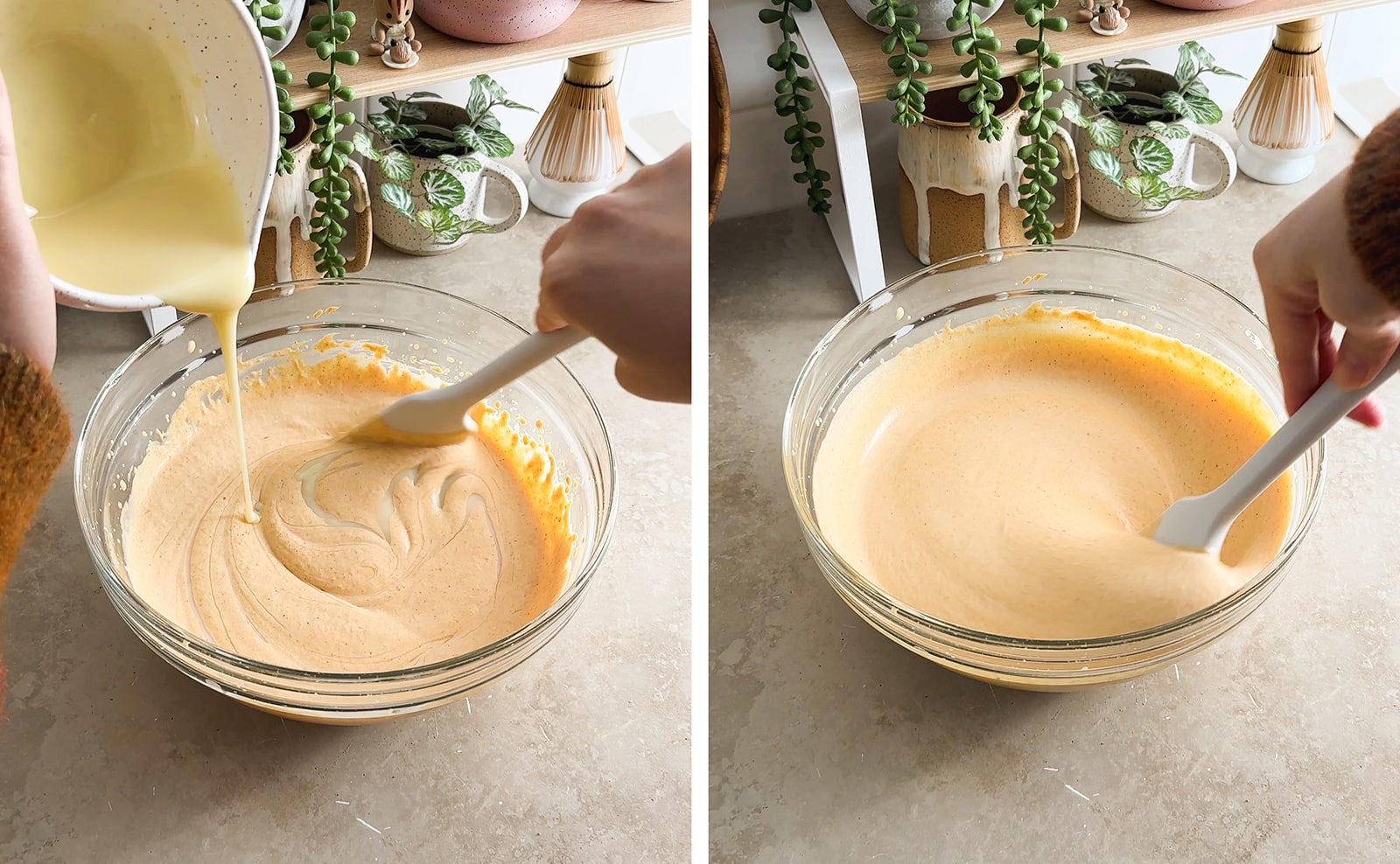 Left to right: pouring condensed milk into pumpkin mixture, mixing pumpkin ice cream mixture with a spatula.