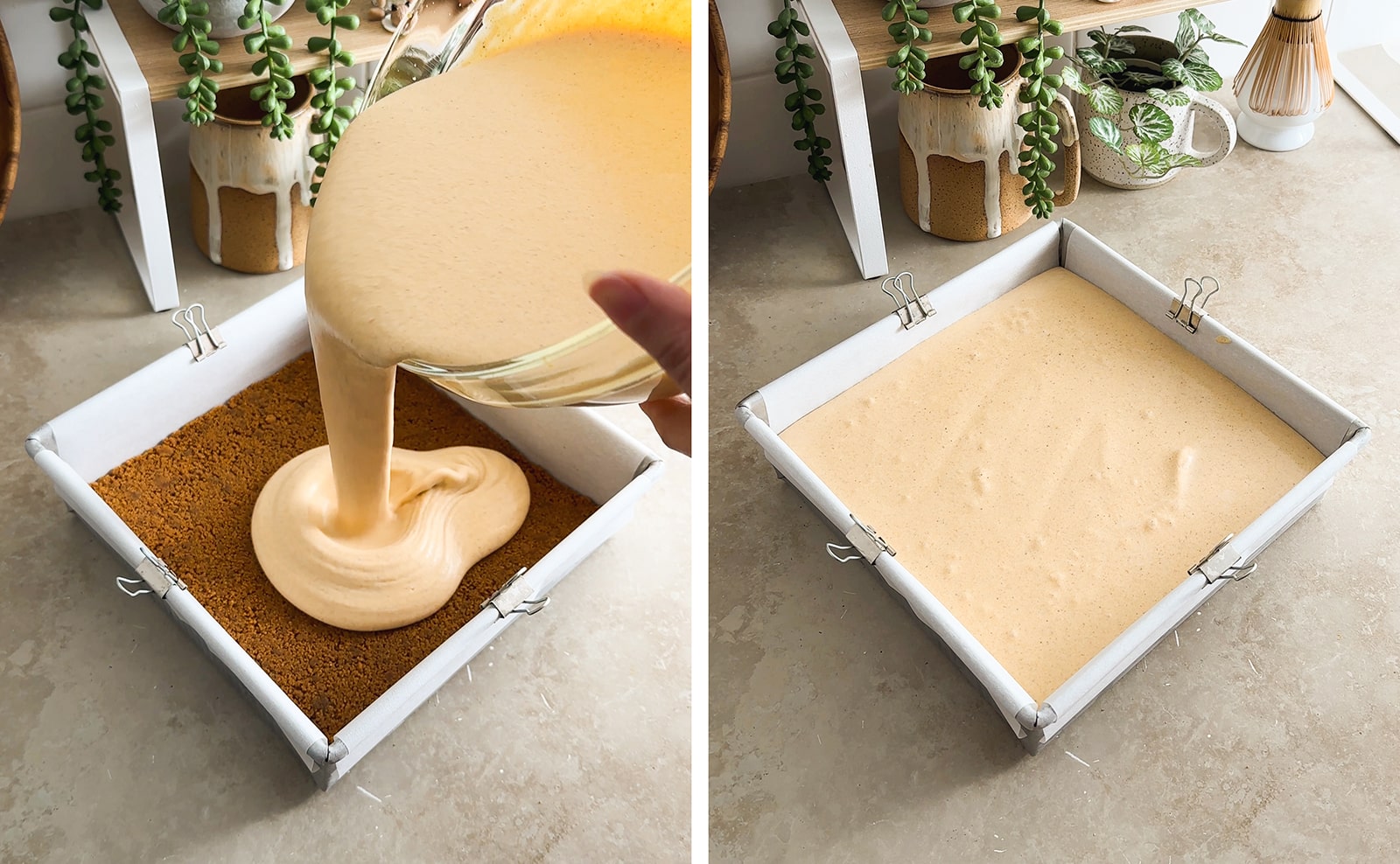 Left to right: pouring pumpkin ice cream mixture into pan, a square pan filled with pumpkin ice cream.