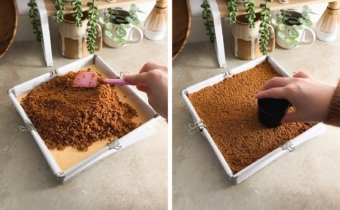 Left to right: spreading biscoff crumb mixture on top of pumpkin ice cream, pressing crumb mixture down with a cup.