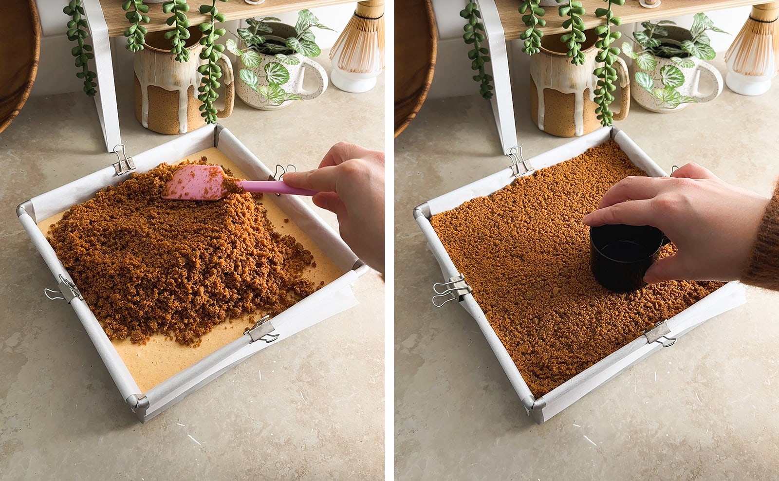 Left to right: spreading biscoff crumb mixture on top of pumpkin ice cream, pressing crumb mixture down with a cup.
