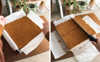 Left to right: lifting ice cream sandwich block out of the pan, cutting ice cream sandwiches with a knife.